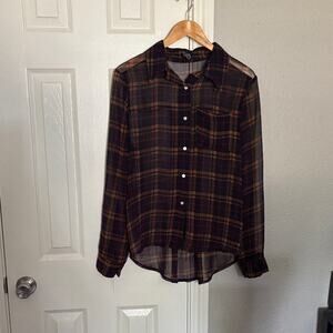 Plaid Button-Up women sheer Button Down Shirt Size Small